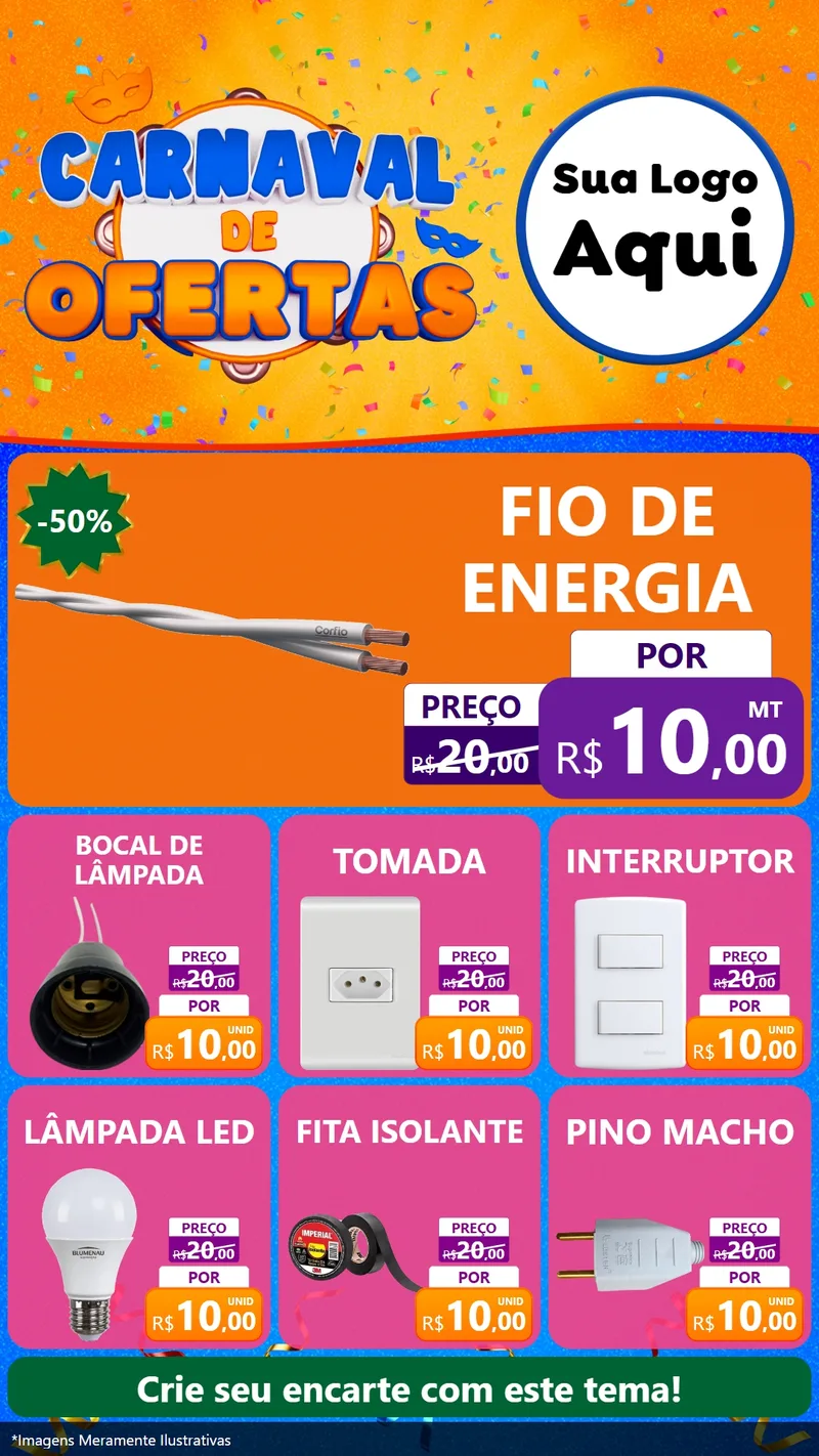Modelo de Rede Social para Stories com o tema Carnaval de Ofertas para Materiais Elétricos