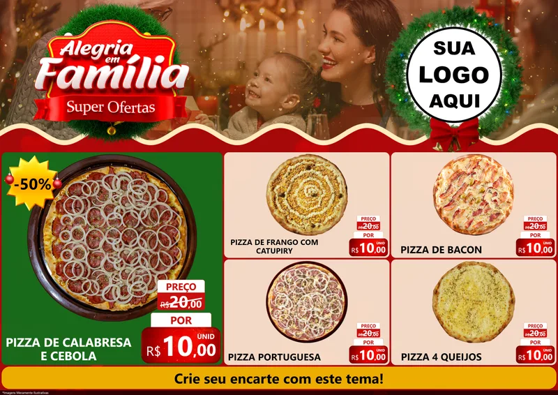 Modelo de Encarte para Encarte A4 Horizontal com o tema Alegria Em Família - Super Ofertas para Pizzaria