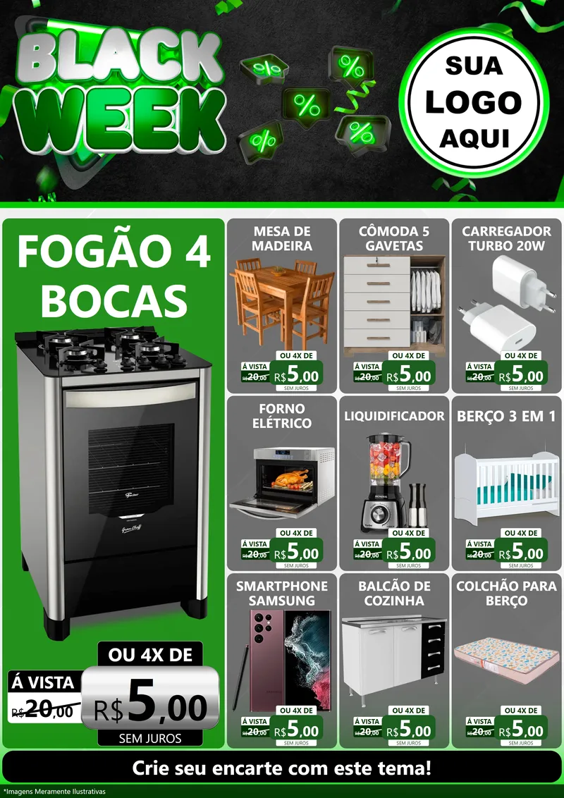 Modelo de Encarte para Encarte A4 Vertical com o tema Black Week para Móveis e Eletro