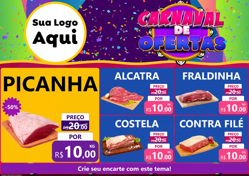 Modelo de Encarte para Encarte A4 Horizontal com o tema Carnaval de Ofertas para Açougue