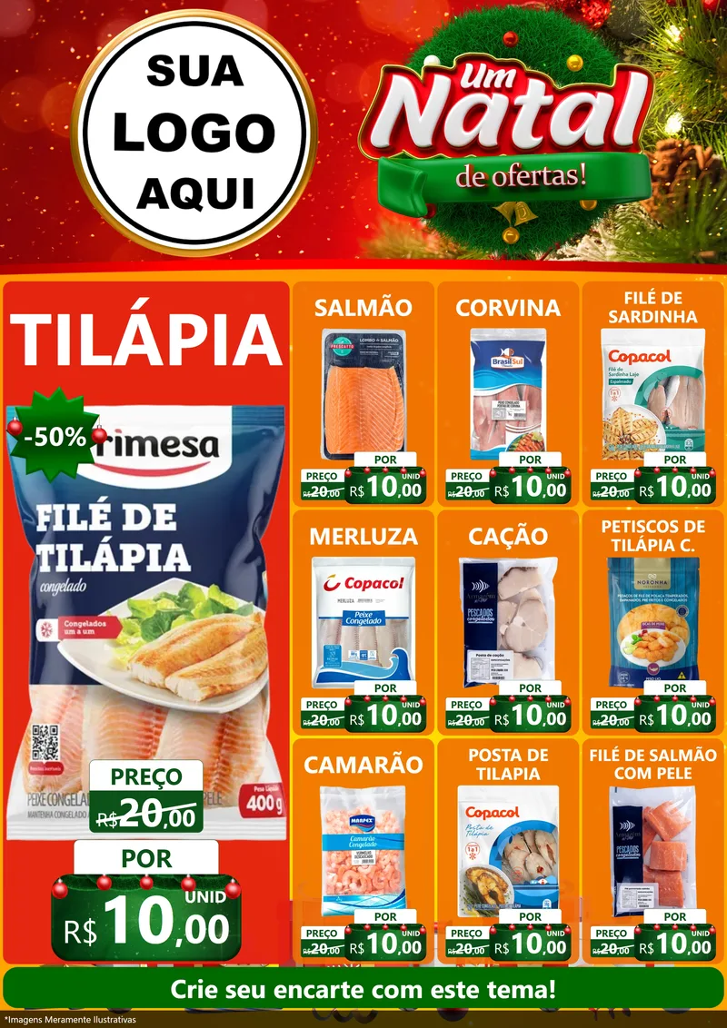 Modelo de Encarte para Encarte A4 Vertical com o tema Um Natal de Ofertas para Peixaria