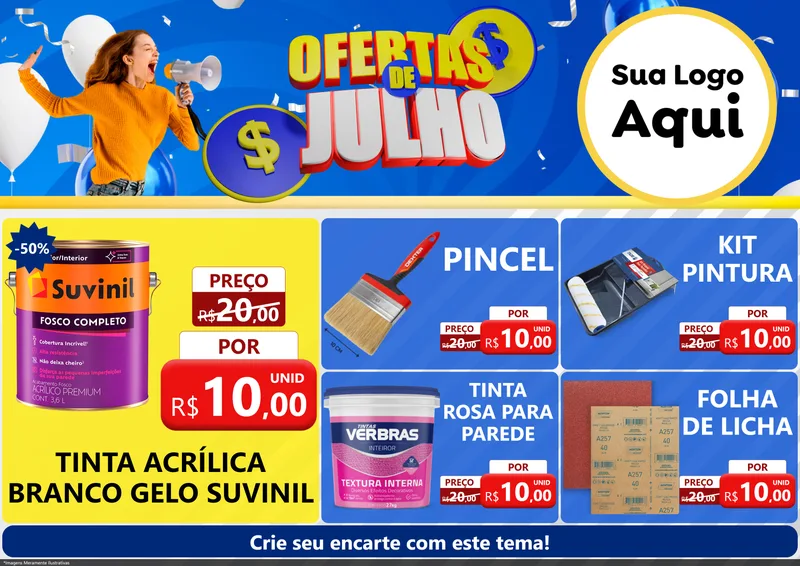 Modelo de Encarte para Encarte A4 Horizontal com o tema Ofertas de Julho para Tintas e Ferramentas