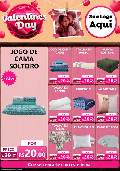 Modelo de Encarte para Encarte A4 Vertical com o tema Valentine's Day para Cama, Mesa e Banho