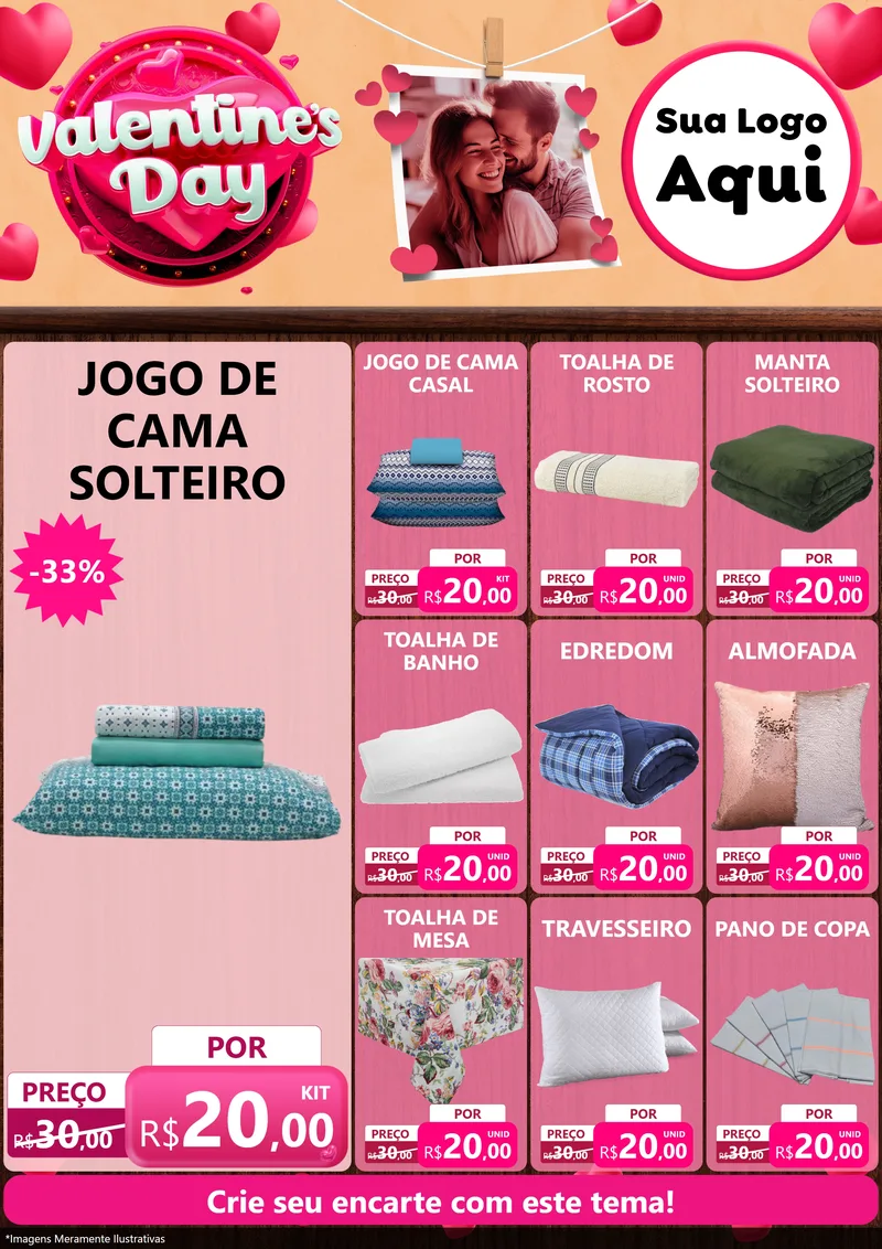 Modelo de Encarte para Encarte A4 Vertical com o tema Valentine's Day para Cama, Mesa e Banho
