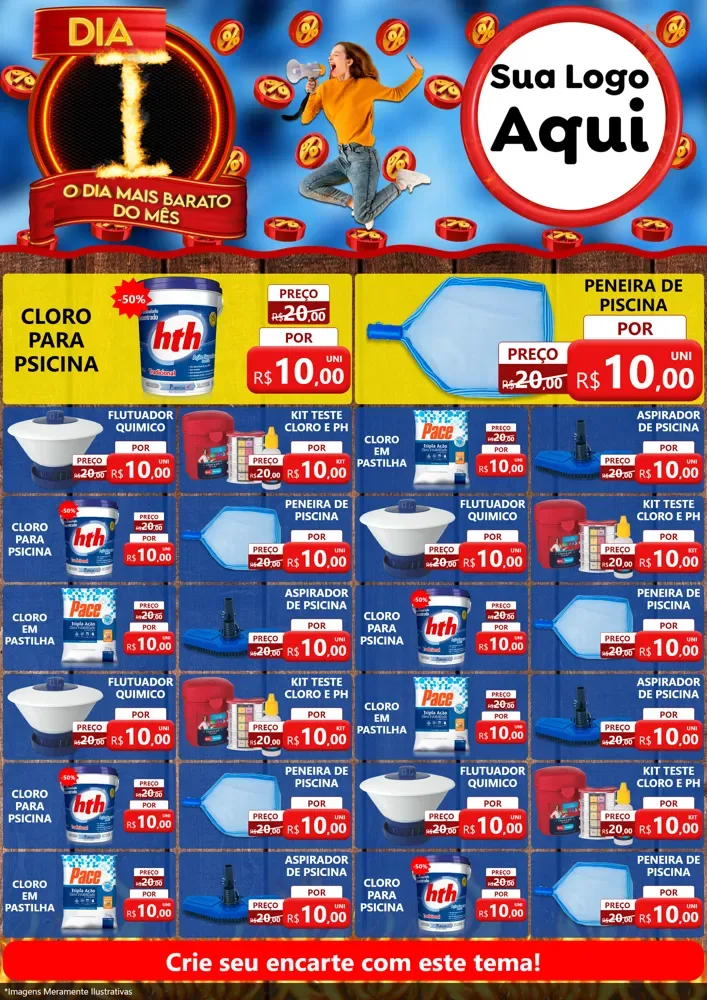 Modelo de Encarte para Encarte A4 Vertical com o tema Dia I - O Dia Mais Barato Do Mês para Produtos para Piscina