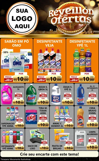 Modelo de Encarte para Encarte Grande com o tema Réveillon de Ofertas para Produtos de Limpeza
