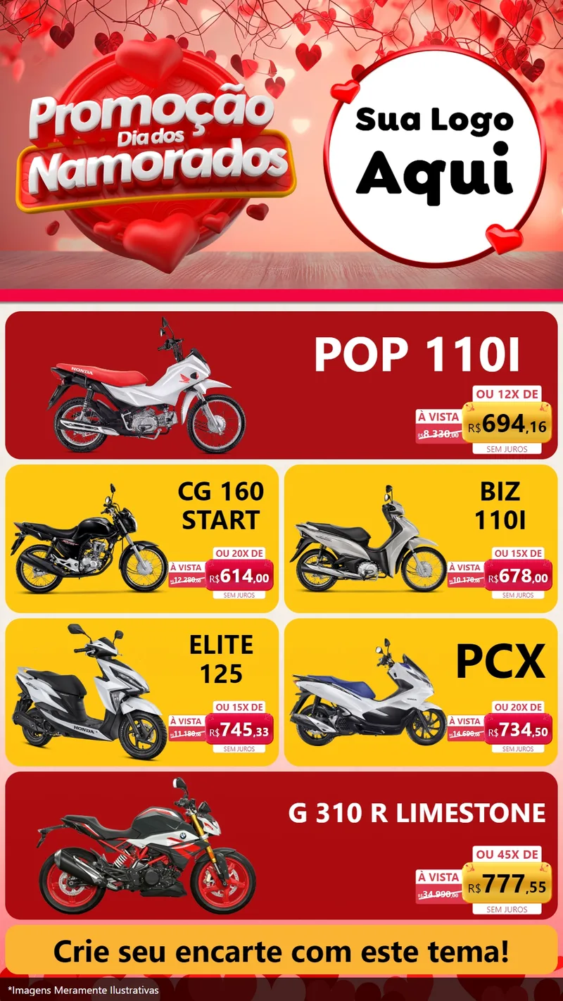 Modelo de TV para TV Vertical com o tema Promoção Dia dos Namorados para Concessionaria de Motos