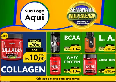Modelo de Encarte para Encarte A4 Horizontal com o tema Semana da Independência Declaramos Preços Baixos para Suplementos alimentares