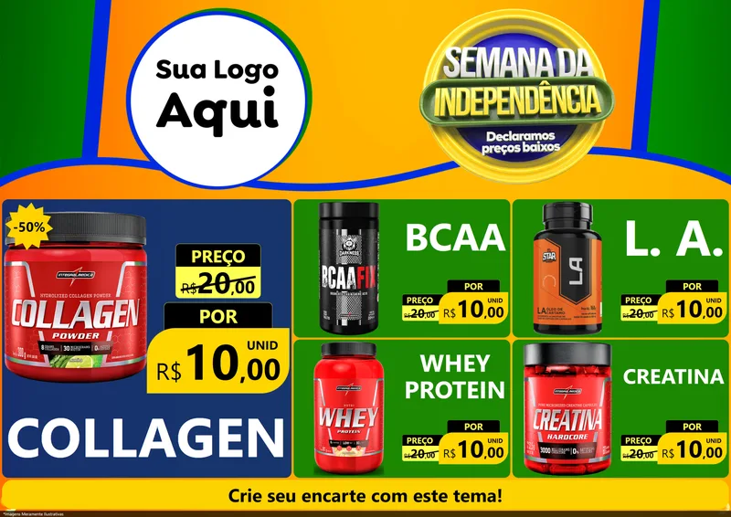 Modelo de Encarte para Encarte A4 Horizontal com o tema Semana da Independência Declaramos Preços Baixos para Suplementos alimentares