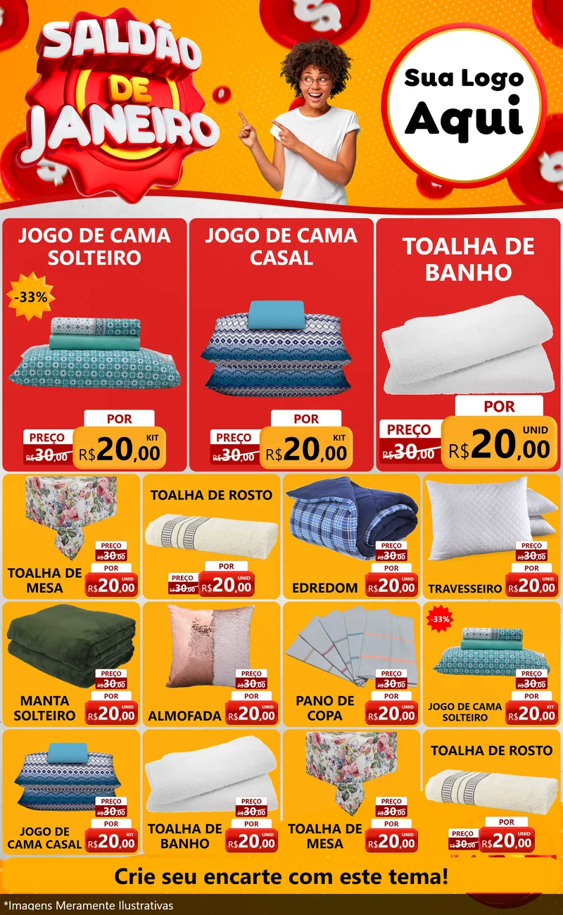 Modelo de Encarte para Encarte Grande com o tema Saldão de Janeiro para Cama, Mesa e Banho