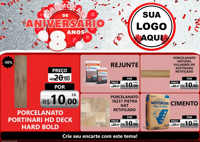 Modelo de Encarte para Encarte A4 Horizontal com o tema Promoção de Aniversário - 8 Anos para Pisos e revestimentos
