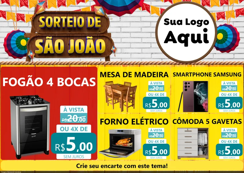Modelo de Encarte para Encarte A4 Horizontal com o tema Sorteio de São João para Móveis e Eletro
