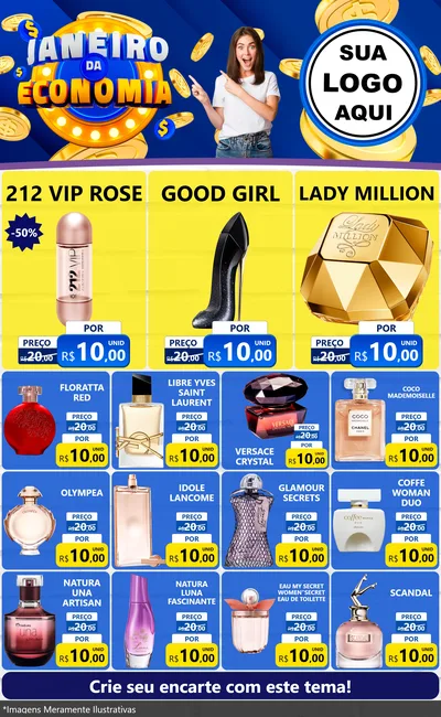 Modelo de Encarte para Encarte Grande com o tema Janeiro da Economia para Perfumes