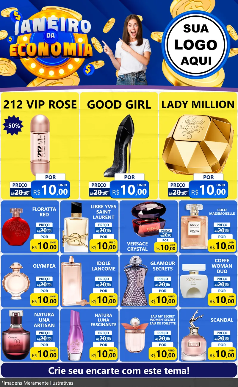 Modelo de Encarte para Encarte Grande com o tema Janeiro da Economia para Perfumes