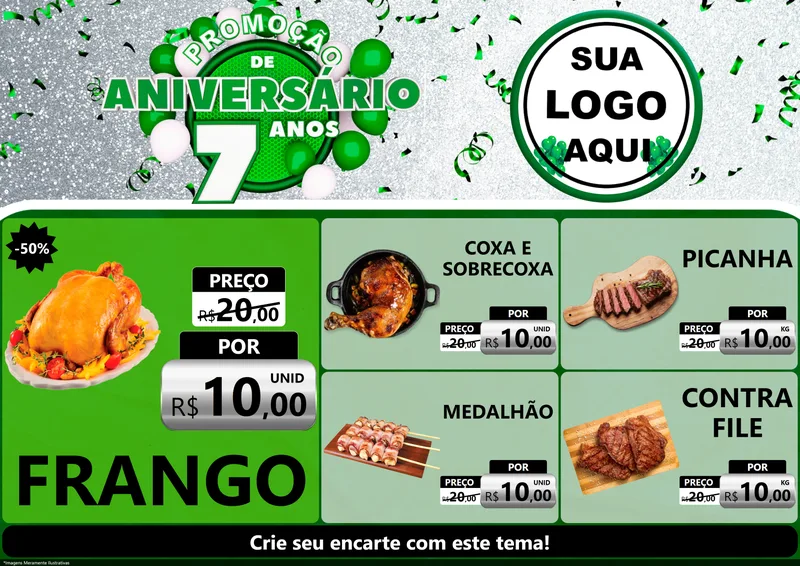 Modelo de Encarte para Encarte A4 Horizontal com o tema Promoção de Aniversário - 7 Anos para Assados