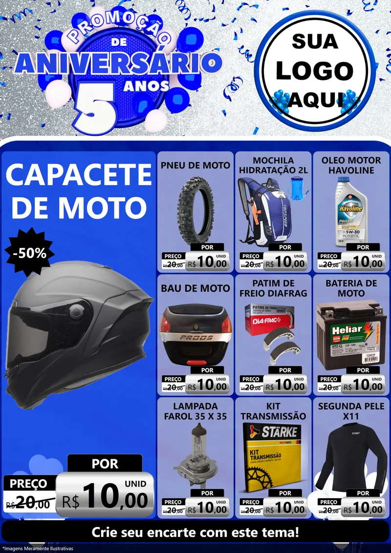 Modelo de Encarte para Encarte A4 Vertical com o tema Promoção de Aniversário - 5 Anos para Moto peças