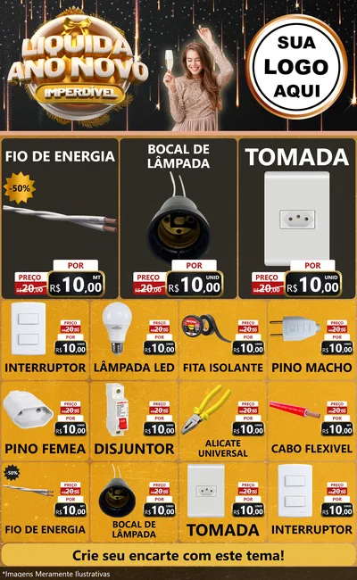 Modelo de Encarte para Encarte Grande com o tema Liquida Ano Novo Imperdível para Materiais Elétricos