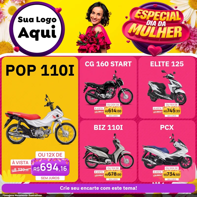 Modelo de Rede Social para Feed Facebook com o tema Especial Dia da Mulher para Concessionaria de Motos