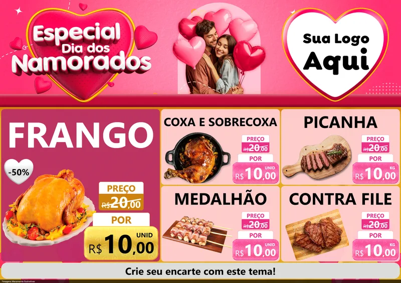 Modelo de Encarte para Encarte A4 Horizontal com o tema Especial Dia dos Namorados para Assados