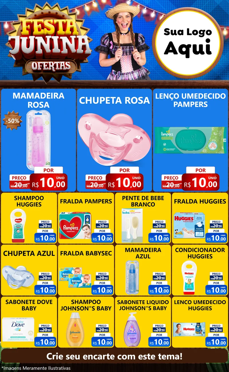 Modelo de Encarte para Encarte Grande com o tema Festa Junina Ofertas para Bebês