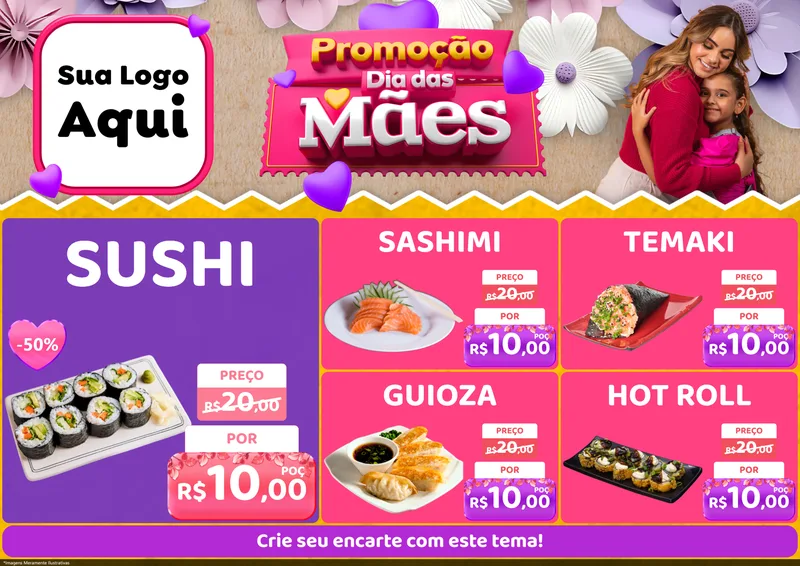 Modelo de Encarte para Encarte A4 Horizontal com o tema Promoção Dia das Mães para Comida japonesa