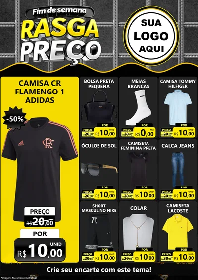 Modelo de Encarte para Encarte A4 Vertical com o tema Fim de Semana Rasga Preço para Roupas e acessórios