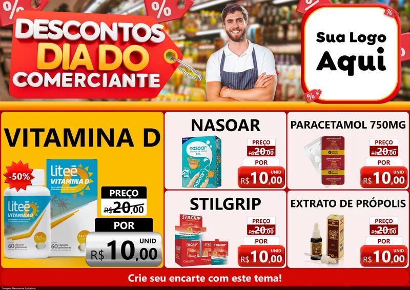 Modelo de Encarte para Encarte A4 Horizontal com o tema Descontos Dia do Comerciante para Farmácia