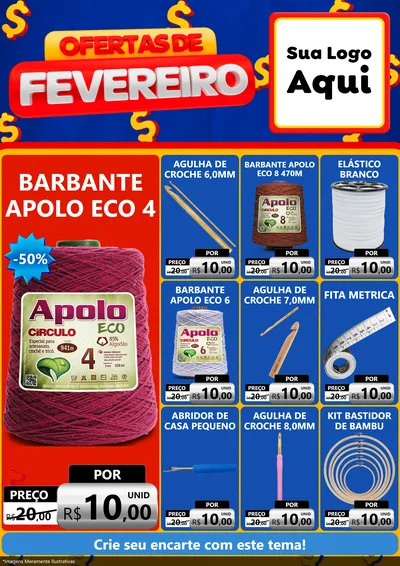 Modelo de Encarte para Encarte A4 Vertical com o tema Ofertas de Fevereiro para Armarinho e Aviamentos