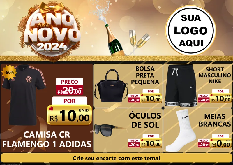 Modelo de Encarte para Encarte A4 Horizontal com o tema Feliz Ano Novo 2027 para Roupas e acessórios