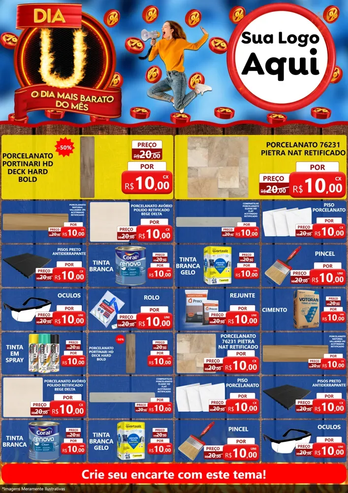 Modelo de Encarte para Encarte A4 Vertical com o tema Dia U - O Dia Mais Barato Do Mês para Pisos e revestimentos