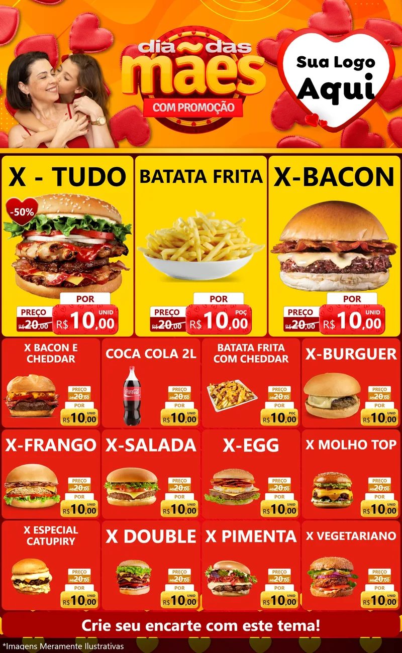 Modelo de Encarte para Encarte Grande com o tema Dia das Mães com Promoção para Hamburgueria