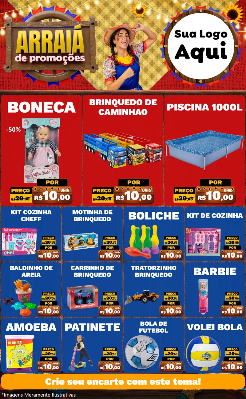 Modelo de Encarte para Encarte Grande com o tema Arraiá de Promoções para Brinquedos