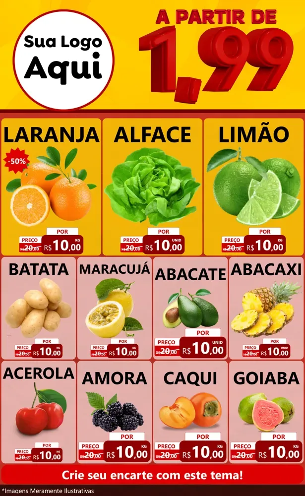 Modelo de Encarte para Encarte Grande com o tema A Partir de Um e Noventa e Nove - 1,99 para Hortifrúti