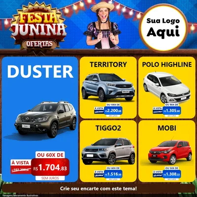 Modelo de Rede Social para Feed Facebook com o tema Festa Junina Ofertas para Concessionaria de Carros