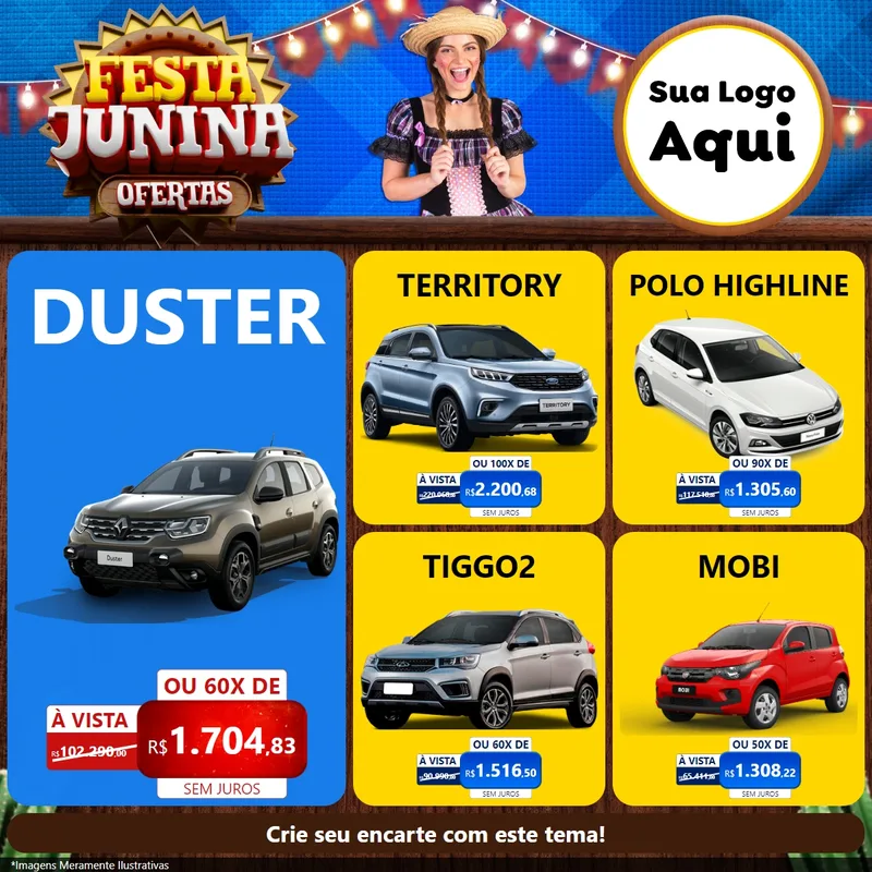 Modelo de Rede Social para Feed Facebook com o tema Festa Junina Ofertas para Concessionaria de Carros