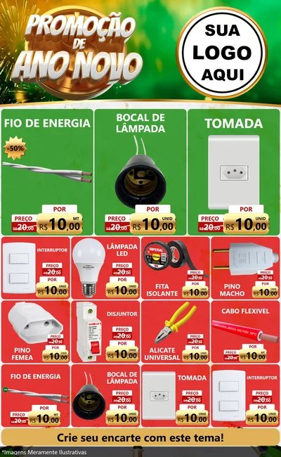 Modelo de Encarte para Encarte Grande com o tema Promoção de Ano Novo para Materiais Elétricos