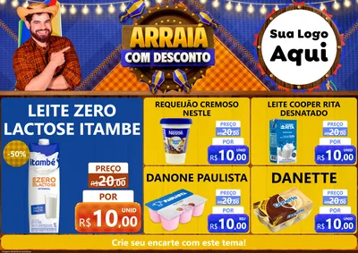 Modelo de Encarte para Encarte A4 Horizontal com o tema Arraiá Com Desconto para Frios e Laticínios