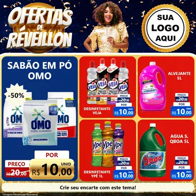 Modelo de Rede Social para Feed Facebook com o tema Ofertas de Réveillon para Produtos de Limpeza