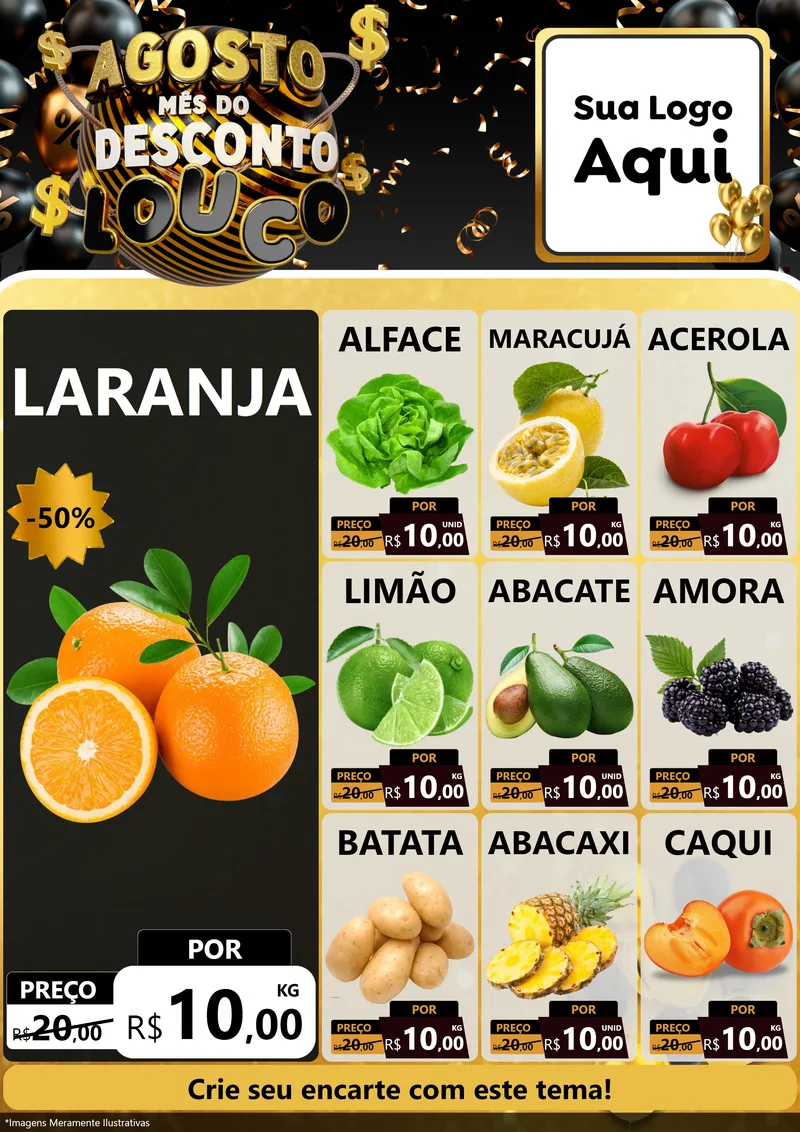 Modelo de Encarte para Encarte A4 Vertical com o tema Agosto Mês do Desconto Louco para Hortifrúti
