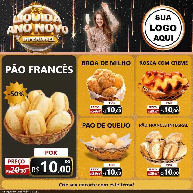 Modelo de Rede Social para Feed Facebook com o tema Liquida Ano Novo Imperdível para Padaria