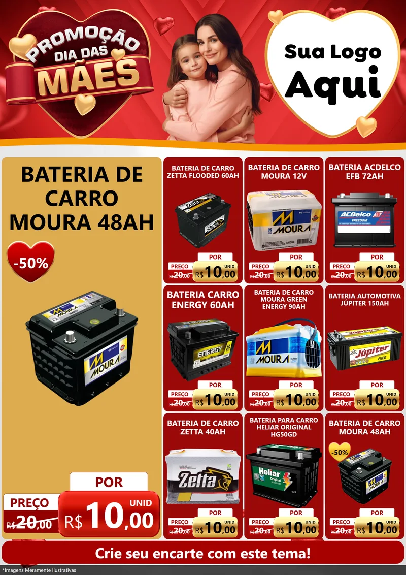 Modelo de Encarte para Encarte A4 Vertical com o tema Promoção Dia das Mães para Baterias Elétricas