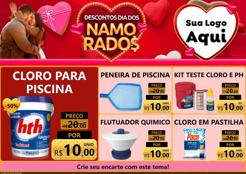 Modelo de Encarte para Encarte A4 Horizontal com o tema Descontos Dia dos Namorados para Produtos para Piscina