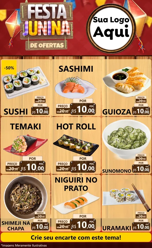 Modelo de Encarte para Encarte Grande com o tema Festa Junina de Ofertas para Comida japonesa