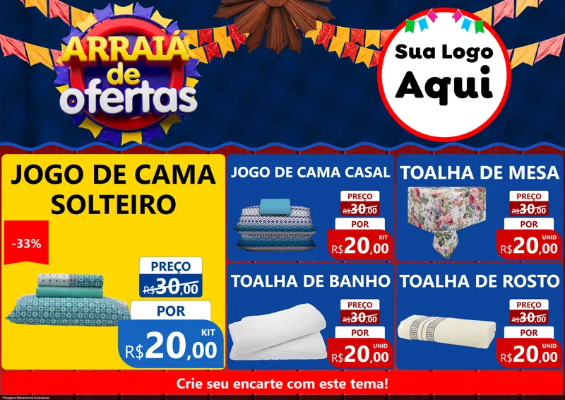 Modelo de Encarte para Encarte A4 Horizontal com o tema Arraiá de Ofertas para Cama, Mesa e Banho