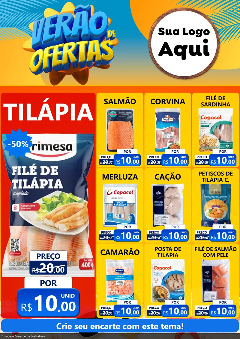 Modelo de Encarte para Encarte A4 Vertical com o tema Verão de Ofertas para Peixaria