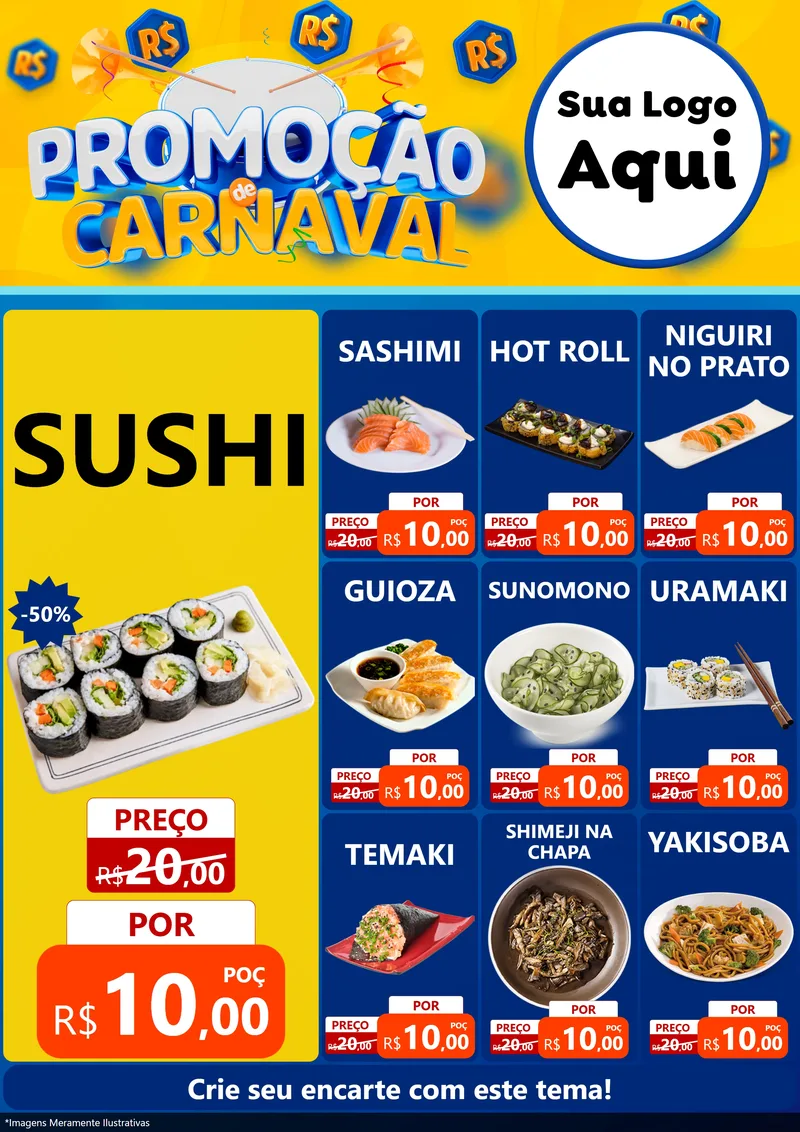 Modelo de Encarte para Encarte A4 Vertical com o tema Promoção de Carnaval para Comida japonesa