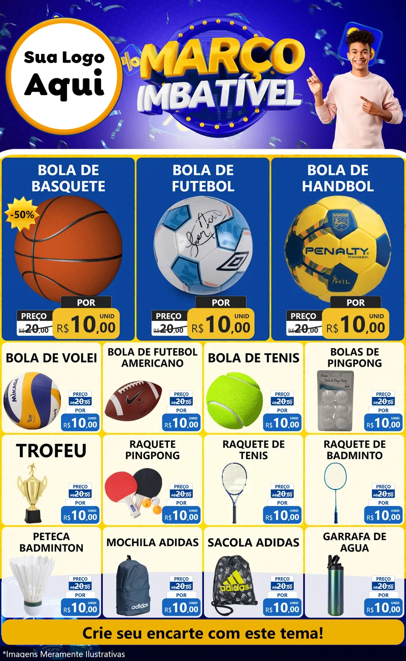 Modelo de Encarte para Encarte Grande com o tema Março Imbatível para Artigos Esportivos