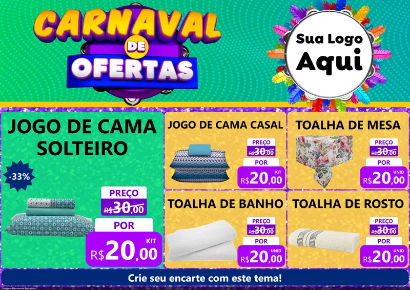 Modelo de Encarte para Encarte A4 Horizontal com o tema Carnaval de Ofertas para Cama, Mesa e Banho