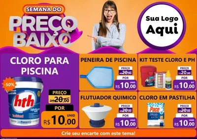 Modelo de Encarte para Encarte A4 Horizontal com o tema Semana do Preço Baixo para Produtos para Piscina