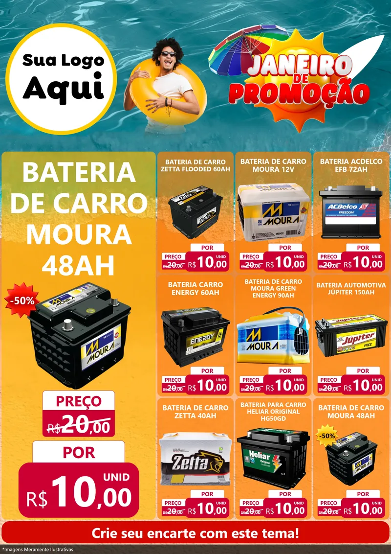 Modelo de Encarte para Encarte A4 Vertical com o tema Janeiro de Promoção para Baterias Elétricas